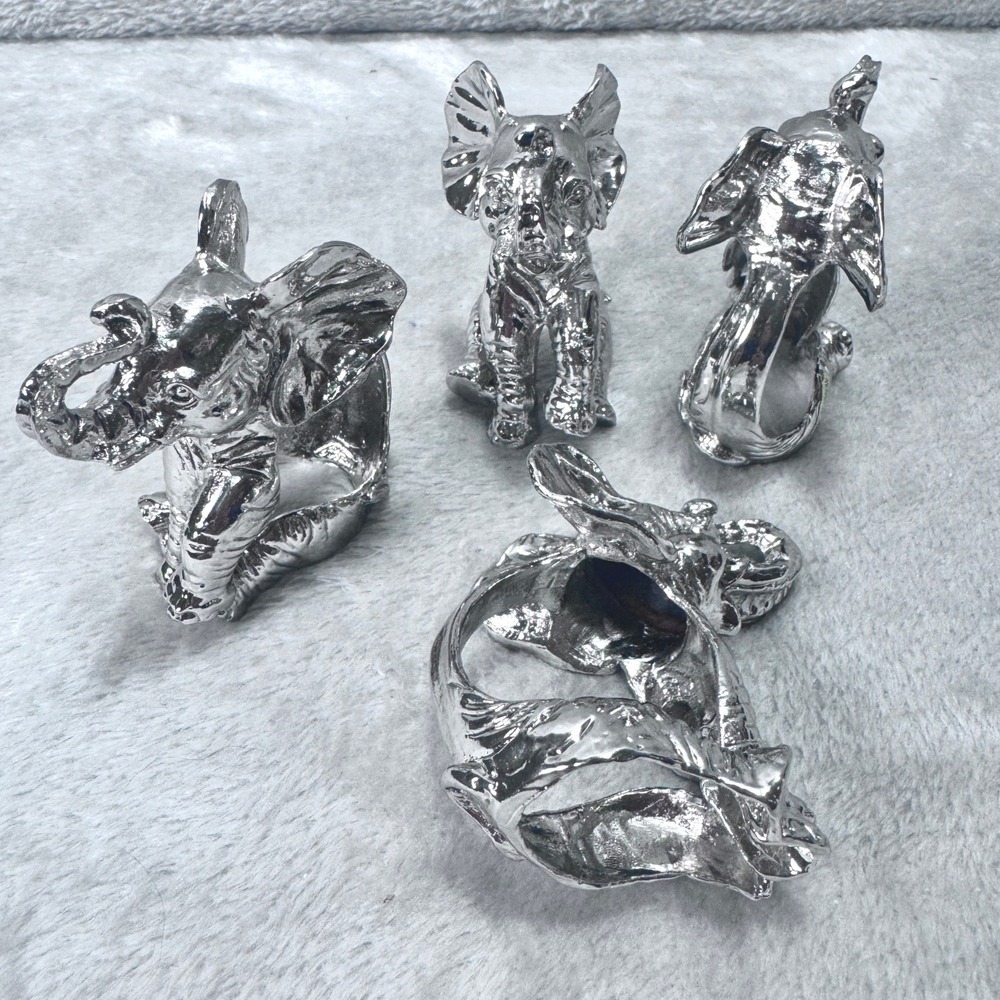 Silver Elephant Napkin Rings Set 4 Heavy Cast Metal Safari Boho‎ Table Decor